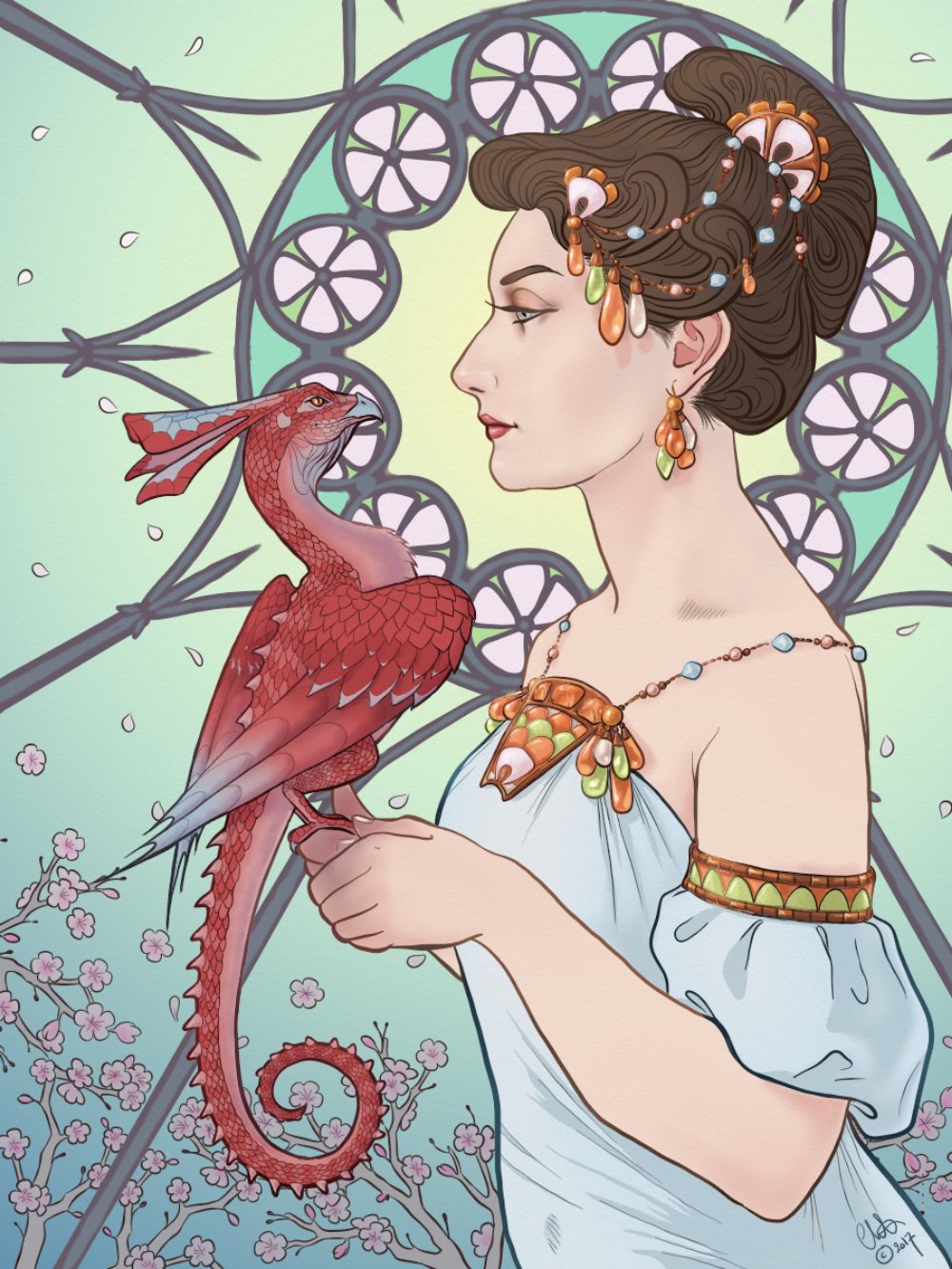 A drawing of a woman and her pet dragon, in an art nouveau style