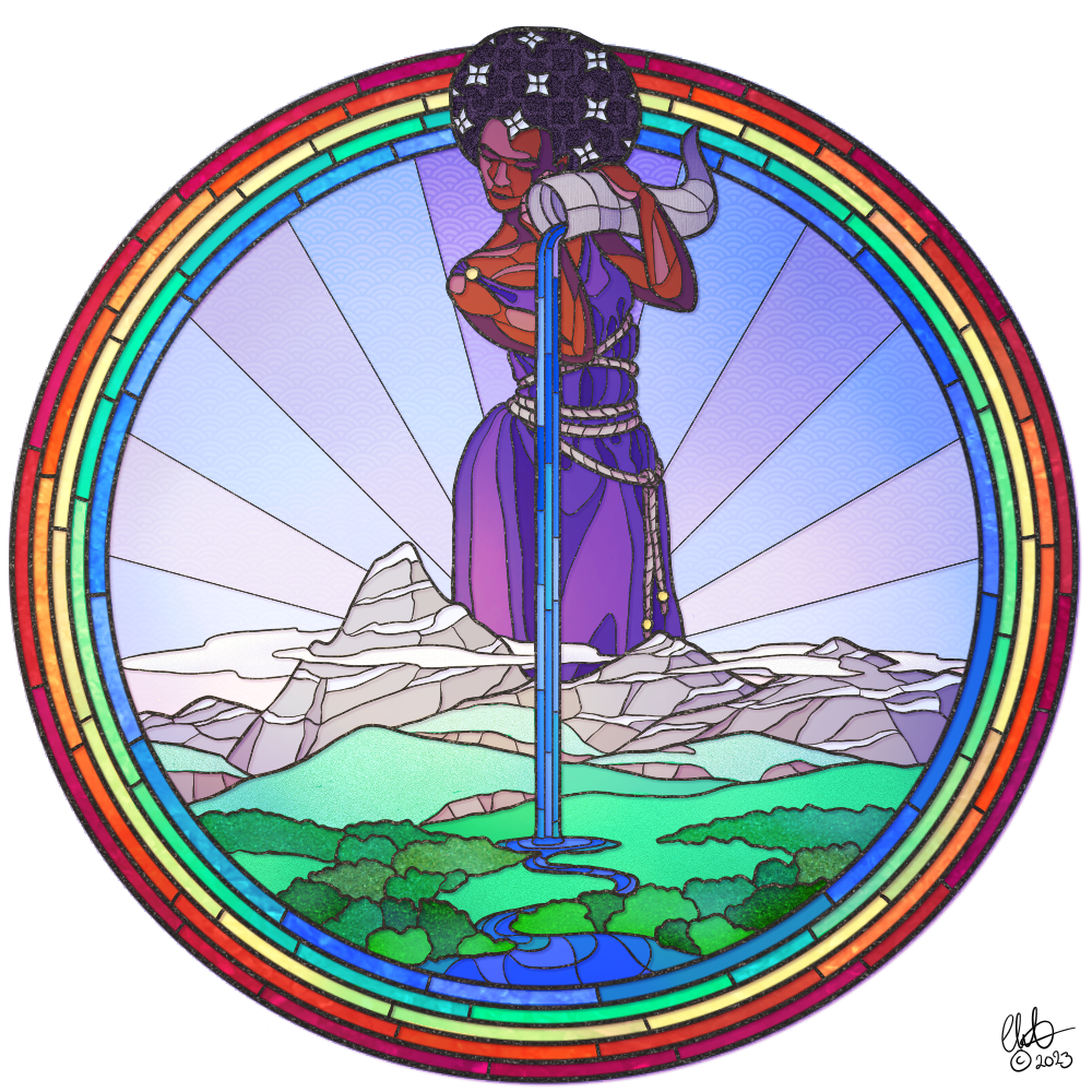 A digital image resembling stained glass, picturing a woman pouring water from a horn of plenty over a landscape, surrounded by a rainbow